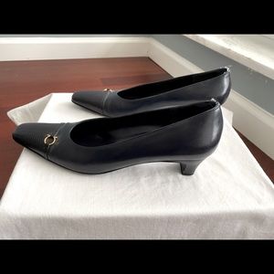 Ferragamo navy kitten heels with gold hardware